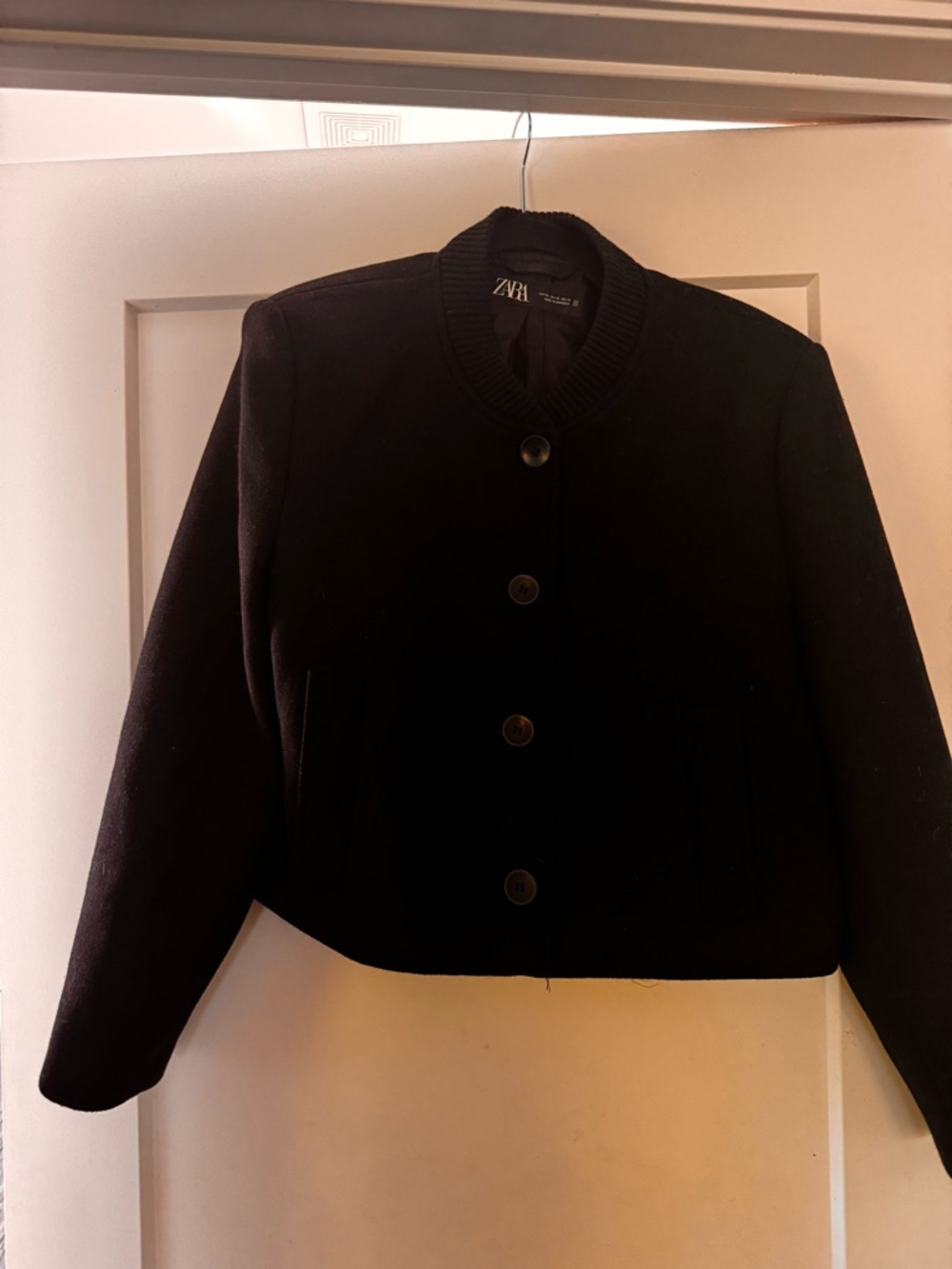 Zara Black Crop Bomber Jacket with Ribbed Collar